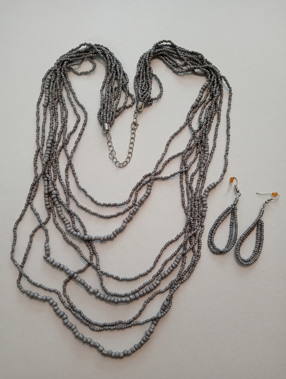 #1191. Gray Glass Seed Bead, Multi Strand Necklace & Earring Set.